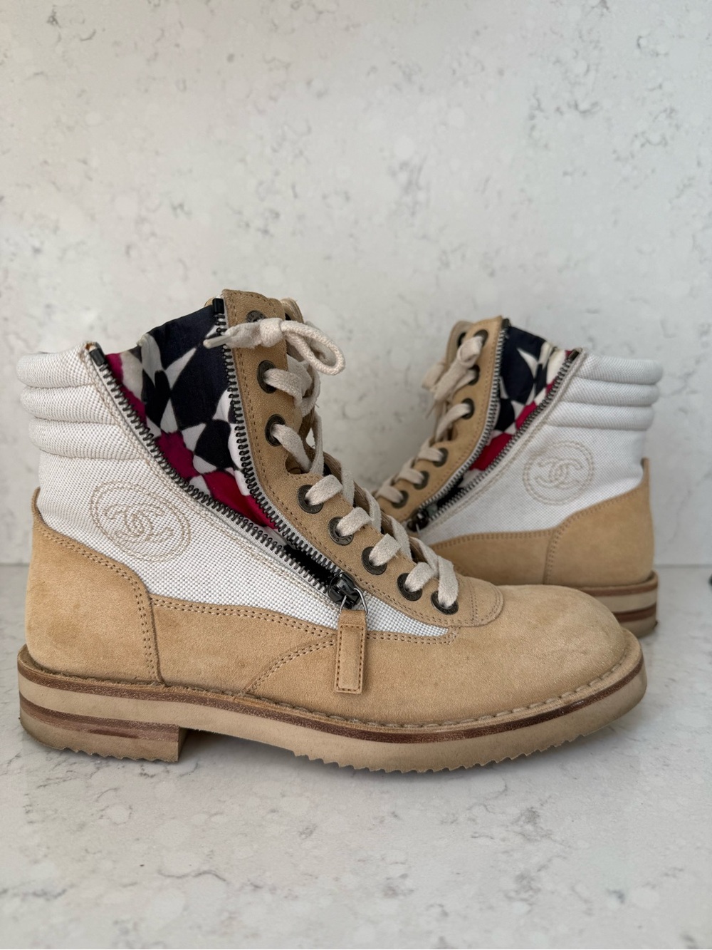 CHANEL Tan Suede and White Canvas Lace-Up Boots with Patterned Lining